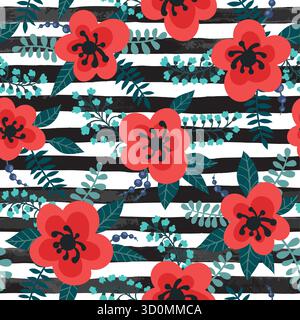 motif floral avec des fleurs rouges, des plantes, des branches et des baies sur un fond noir et blanc rayé. conception carte de voeux et invitation de mariage Illustration de Vecteur