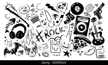 Ensemble punk rock doodle avec crâne et guitare, écouteurs et éléments de graffiti - batte de baseball, disque vinyle et haut-parleur. Icônes rebelles dessinées à la main avec des étoiles, des flammes et des symboles d'oeil pour le Street art. Illustration de Vecteur