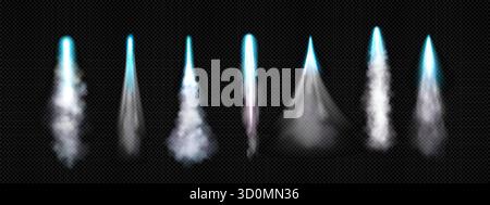 Jets de tir de fusée à réaction avec des flammes bleues et de la fumée blanche pour les effets de propulsion. Traînées d'échappement de vaisseau spatial ou éléments turbo boost sur fond transparent. Collection d'éléments visuels de poussée de moteur. Illustration de Vecteur