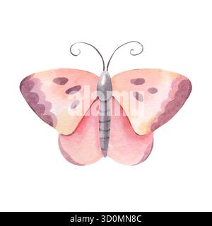 Simple papillon rose. Illustration aquarelle peinte à la main d'insecte isolé sur fond blanc. Parfait pour la conception de la nature, l'image de marque, l'emballage, in Banque D'Images