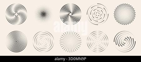 Motifs d'ondulation radiale de points avec des cercles concentriques et des formations en spirale sur fond beige. Motifs géométriques à pois noirs avec textures demi-teintes. Effets de mouvement circulaire minimalistes abstraits. Illustration de Vecteur