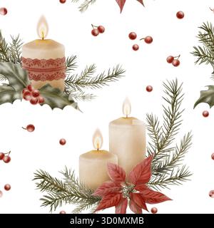 Motif sans couture de Noël avec des bougies confortables ornées de dentelle Bourgogne, branches de sapin, houx avec des baies rouges et des fleurs poinsettia rouges.dessinées à la main Banque D'Images