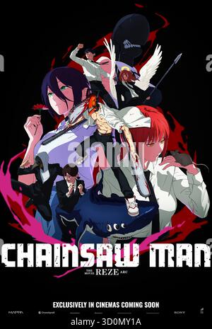 Chainsaw Man - The Movie : Reze Arc (2025) réalisé par Tatsuya Yoshihara et mettant en vedette Kikunosuke Toya, Tomori Kusunoki et Shôgo Sakata. La romance naissante de Denji avec le mystérieux Reze du café local l'entraîne dans un conflit déchirant alors que de sombres secrets sont révélés et que leur loyauté est mise à l'épreuve dans une bataille entre les diables et l'humanité. Affiche avancée AMÉRICAINE UNIQUEMENT POUR USAGE ÉDITORIAL. Crédit : BFA / Sony Pictures release Banque D'Images