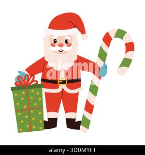 Joyeux Père Noël avec barbe, moustache et chapeau rouge détient énorme canne de bonbons et cadeau. Mignon personnage de Noël dans le style de dessin animé plat, parfait pour holi Illustration de Vecteur