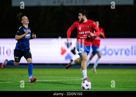 Hvidovre, Danemark. 23 octobre 2025. Marius Elvius (59 ans) de Hvidovre vu lors du match de Betinia Liga entre Hvidovre IF et HB Koge au Pro ventilation Arena de Hvidovre. Crédit : Gonzales photo/Alamy Live News Banque D'Images