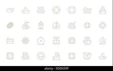 Paquet complet de 28 icônes vectorielles sur le thème nautique, présentant la conception Thin Line en 128x128 PIXELS DE qualité parfaite pour les interfaces modernes. Illustration de Vecteur