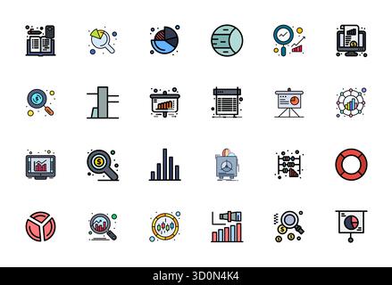 Explorez 24 icônes vectorielles Flat Line Filled PIXEL Perfect en résolution 256x256 inspirées par les données financières. Parfait pour les interfaces Web et d'application. Illustration de Vecteur