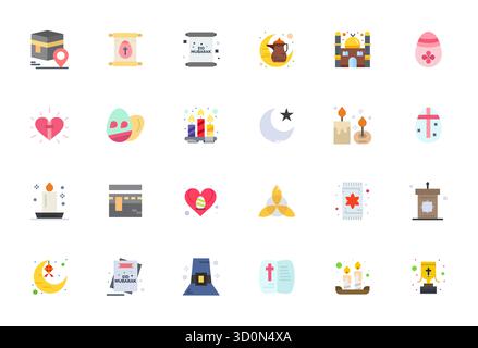 Soigneusement sélectionnés 24 icônes vectorielles plates pour religieux, avec une résolution ajustée 64x64 Grid pour une représentation cohérente de la marque et une expérience utilisateur. Illustration de Vecteur