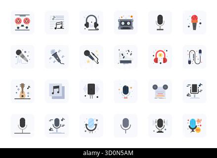 Débloquez 24 icônes vectorielles optimisées Flat Pixel inspirées par l'enregistrement sonore, optimisées au format 256x256 pour un affichage sans faille sur tous les appareils. Illustration de Vecteur