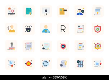Collection exclusive de 24 icônes vectorielles plates pour Authorized, développée avec 64x64 Detail résolution améliorée pour des expériences de marque premium. Illustration de Vecteur