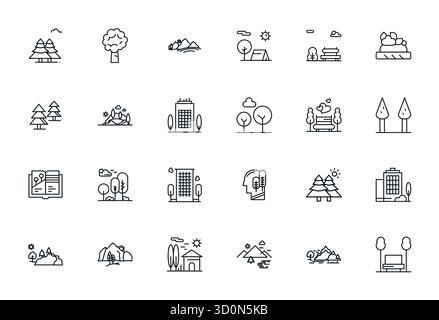 Découvrez un ensemble de 24 icônes vectorielles Bold Line conçues pour le thème Trees, avec des conceptions optimisées 256x256 pixels idéales pour les projets UI / UX modernes. Illustration de Vecteur
