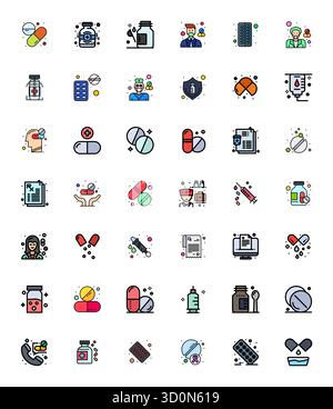 Ce pack d'icônes vectorielles de médicament comprend 42 dessins remplis Flat Line au format optimisé par pixel haute résolution, parfait pour améliorer l'interfa numérique Illustration de Vecteur
