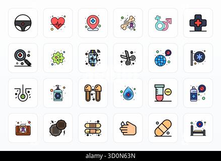 Collection exclusive de 24 icônes vectorielles Filled Line pour Medical, développée avec une résolution alignée 256x256 pixels pour des expériences de marque premium. Illustration de Vecteur