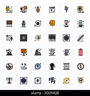 Ensemble sophistiqué de 36 icônes vectorielles de ligne remplie pour l'électricité, conçu avec Retina Ready PIXEL Perfect Clarity pour les applications professionnelles. Illustration de Vecteur