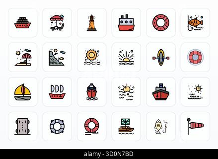 Collection de 24 icônes vectorielles optimisées de Line Pixel pour Sea, conçues en format 256x256 pour la clarté et la polyvalence. Illustration de Vecteur