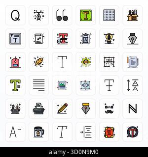 Pack stratégique avec 36 icônes vectorielles représentant la typographie au format Filled Line, optimisé avec une qualité modifiable haute résolution pour professi Illustration de Vecteur