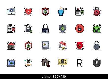 Pack organisé de 24 icônes vectorielles 256x256 dans un design rempli de Flat Line, centré autour de concepts protégés avec la clarté ajustée de la grille. Illustration de Vecteur