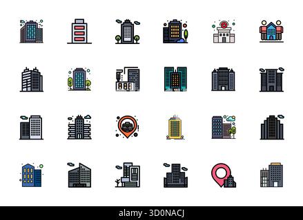 Pack organisé de 24 icônes vectorielles haute résolution dans un design rempli de Flat Line, centré autour de concepts de bâtiment de bureau avec une clarté modifiable. Illustration de Vecteur