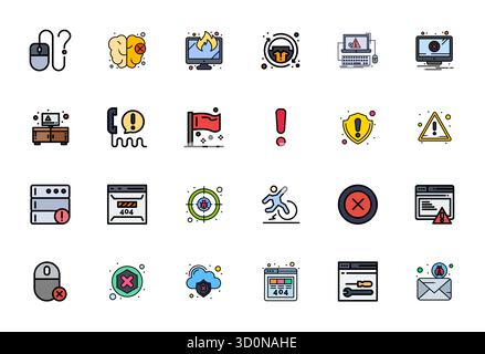 Pack prêt pour l'avenir de 24 icônes vectorielles sur le thème de l'erreur, mettant en vedette Line Filled design avec Retina Ready PIXEL clarté parfaite pour l'utilisateur innovant Illustration de Vecteur