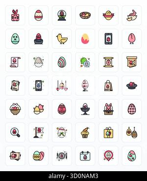 Découvrez un ensemble de 42 icônes vectorielles Filled Line conçues pour le thème de Pâques, avec des conceptions alignées 256x256 pixels idéales pour les projets UI / UX modernes. Illustration de Vecteur