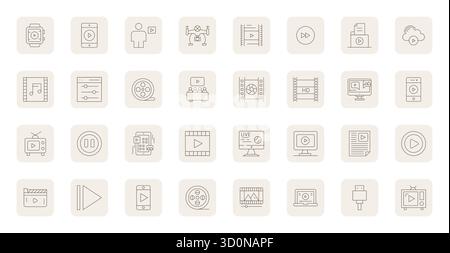 Icônes vectorielles modifiables Thin Outline parfaitement équilibrées 32 pour la vidéo, dimensionnées à haute résolution pour une intégration harmonieuse dans les projets de conception numérique. Illustration de Vecteur
