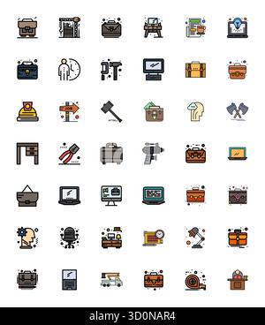 Ensemble de 42 icônes vectorielles alignées Flat Line Filled Pixel sur le thème du travail, conçues en résolution 128x128 pour une intégration transparente dans les applications et les sites Web. Illustration de Vecteur