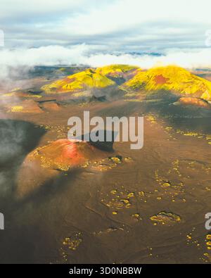 Vue aérienne des collines volcaniques éclaboussées de mousse jaune vibrante et de sol rouge rouillé, contrastant avec les champs de lave sombres, F208, Islande. Banque D'Images