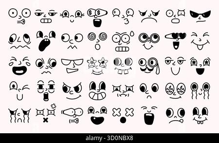 Griffonner les expressions faciales. Visages d'émoticône dessinés à la main comiques avec des yeux et des bouches drôles, différentes émotions pour la conception de personnages. Dessin au trait simple Illustration de Vecteur