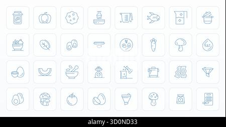 Pack essentiel de 32 icônes vectorielles détaillées améliorées pour ingrédient au format Thin Line, dimensionné à 64 x 64 pour des performances et une évolutivité optimales. Illustration de Vecteur