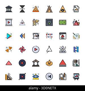 Découvrez un ensemble de 36 icônes vectorielles remplies de lignes conçues pour le thème Triangle, avec 128x128 Display Perfect Designs idéales pour les projets UI / UX modernes Illustration de Vecteur