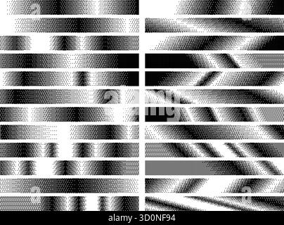 Motifs de gradient de pixels. Bandes de demi-teintes bitmap numériques avec pixels en pointillés, texture à effet de fondu, diviseurs de gradient abstraits rétro de 8 bits et Illustration de Vecteur