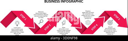 Flèche infographique. diagramme de présentation en 5 étapes, processus de workflow métier, organigramme avec cinq options. Chronologie de la stratégie, graphique d'information Illustration de Vecteur