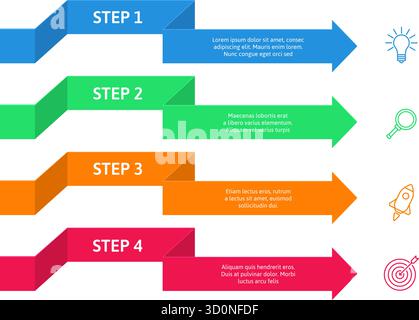 Infographie des étapes de flèche. Diagramme de présentation d'affaires avec 4 étapes, diagramme de processus, infographie de progrès de stratégie. Feuille de route de croissance, chronologie avec quatre Illustration de Vecteur