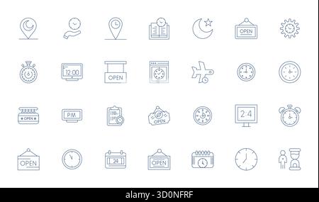 Boîte à outils complète de 28 icônes vectorielles sur le thème autour des heures, développé en ligne mince avec 128x128 détail précision améliorée pour l'appli de conception polyvalente Illustration de Vecteur