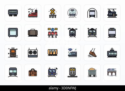 Découvrez un ensemble de 24 icônes vectorielles Filled Line conçues pour le thème train, avec des designs alignés 64x64 pixels idéaux pour les projets UI / UX modernes. Illustration de Vecteur