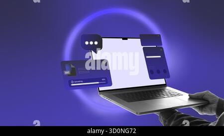 Composition moderne. Ordinateur portable avec bulles de chat flottantes et icônes de téléchargement montrant le processus de transfert dans le cloud Banque D'Images