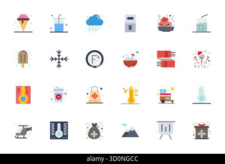 Pack innovant de 24 icônes vectorielles sur le thème du froid, présentant un design plat en format 256x256 Grid ajusté pour des solutions numériques modernes. Illustration de Vecteur
