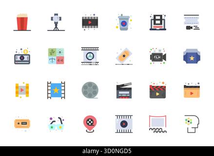Pack prêt pour l'avenir de 24 icônes vectorielles sur le thème du cinéma, présentant un design plat avec une clarté alignée 64x64 pixels pour des interfaces utilisateur innovantes. Illustration de Vecteur