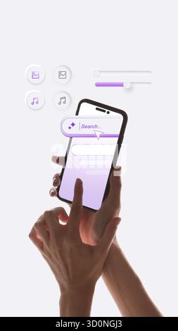 Composition abstraite. Mains utilisant le smartphone avec des icônes flottantes violettes pour la recherche et le contrôle de médias Banque D'Images