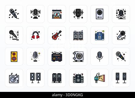 Pack organisé de 24 icônes vectorielles 256x256 dans la conception Filled Line, centré autour des concepts d'équipement sonore avec une clarté optimisée par pixel. Illustration de Vecteur