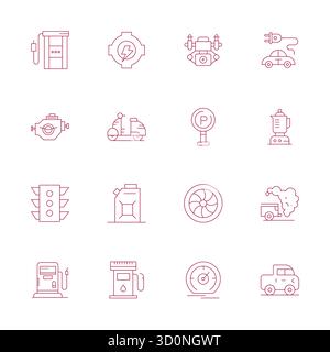 Ensemble de 16 icônes vectorielles Thin Line Detail améliorées sur le thème du moteur, conçues en résolution 128x128 pour une intégration transparente dans les applications et les sites Web. Illustration de Vecteur