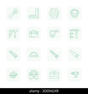 Pack prêt pour l'avenir de 16 icônes vectorielles sur le thème de la menuiserie, présentant la conception Thin Outline avec la clarté modifiable Retina Ready pour l'utilisateur innovant Illustration de Vecteur