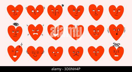 Drôle de gribouillage des visages de coeur. Formes de coeur de dessin animé avec différentes expressions faciales, personnages de coeur excentriques avec des émotions de visage de doodle et romantique mignon Illustration de Vecteur