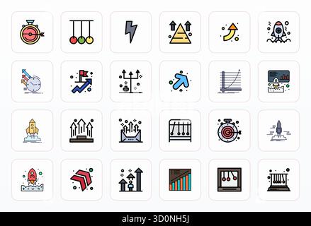 Pack organisé de 24 icônes vectorielles 256x256 dans la conception Filled Line, centrées autour des concepts Momentum avec Pixel Optimized Clarity. Illustration de Vecteur