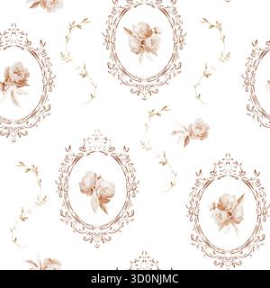 Modèle sans couture avec cadre vintage ovale orné, fleurs de pivoine et tourbillons. Aquarelle et dessin au trait arrière-plan isolé. Parfait pour textile, papier peint Banque D'Images