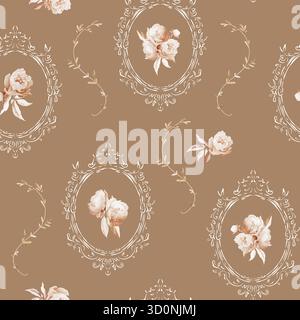 Modèle sans couture avec cadre vintage ovale orné, fleurs de pivoine et tourbillons sur fond marron. Aquarelle et ligne Parfait pour textile, papier peint Banque D'Images