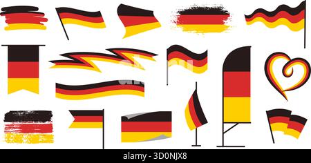 Drapeaux allemands. Design de bannière Allemagne, symbole patriotique national FRD en trait de pinceau grunge et en forme de coeur. Ruban et fanion noir, rouge et jaune Illustration de Vecteur
