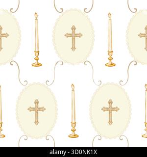 Motif sans couture avec motifs de croix chrétienne dans des vignettes ovales avec des tourbillons décoratifs et des bougies dorées. Arrière-plan élégant de répétition religieuse pour Banque D'Images