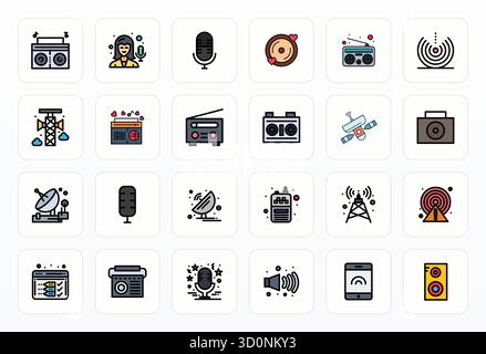 Collection exclusive de 24 icônes vectorielles Filled Line pour Radio, développée avec une résolution adaptée 256x256 Grid pour des expériences de marque premium. Illustration de Vecteur