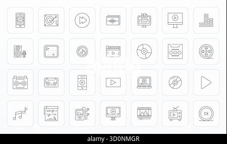 Cette collection comprend 28 icônes vectorielles modifiables Thin Line adaptées au thème Playback, optimisées au format 256x256 pour la conception numérique. Illustration de Vecteur